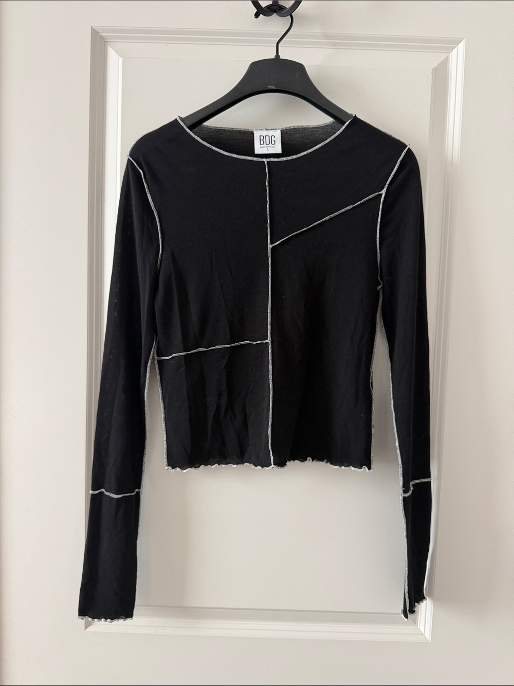 BDG Black Long-Sleeve Top with Contrast White Stitching